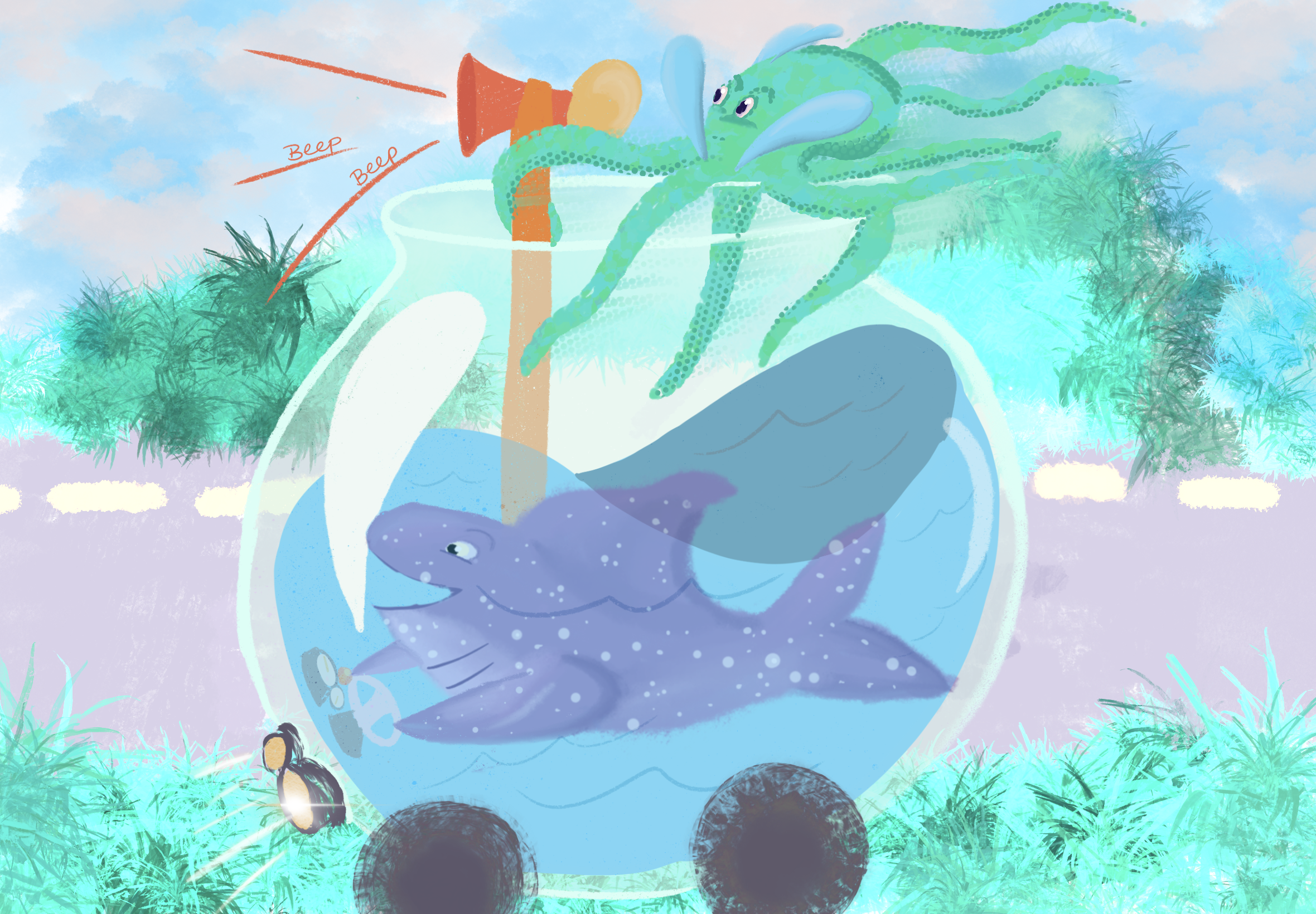 Shark and octopus driving a fishbowl car