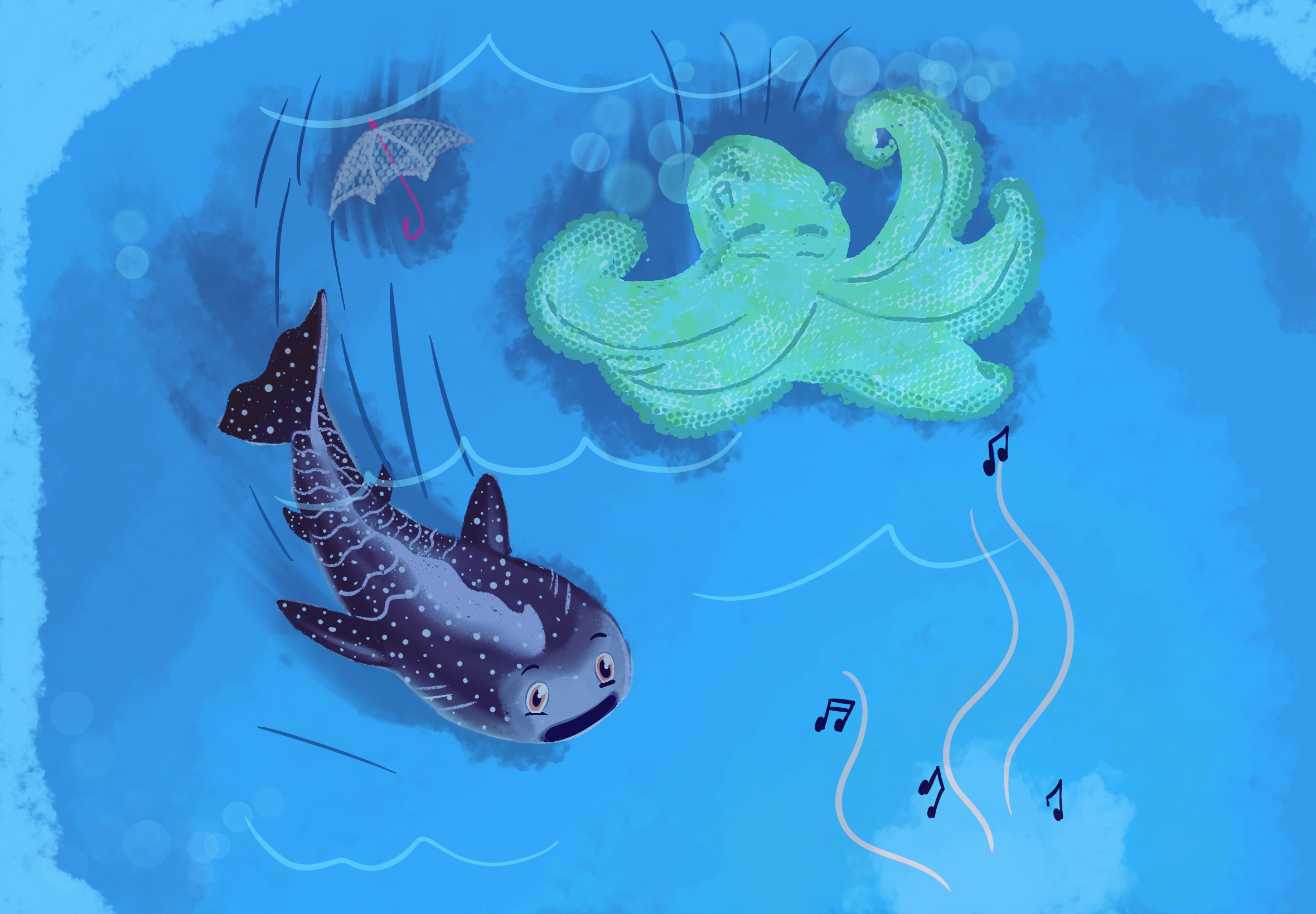 Shark and octopus floating underwater