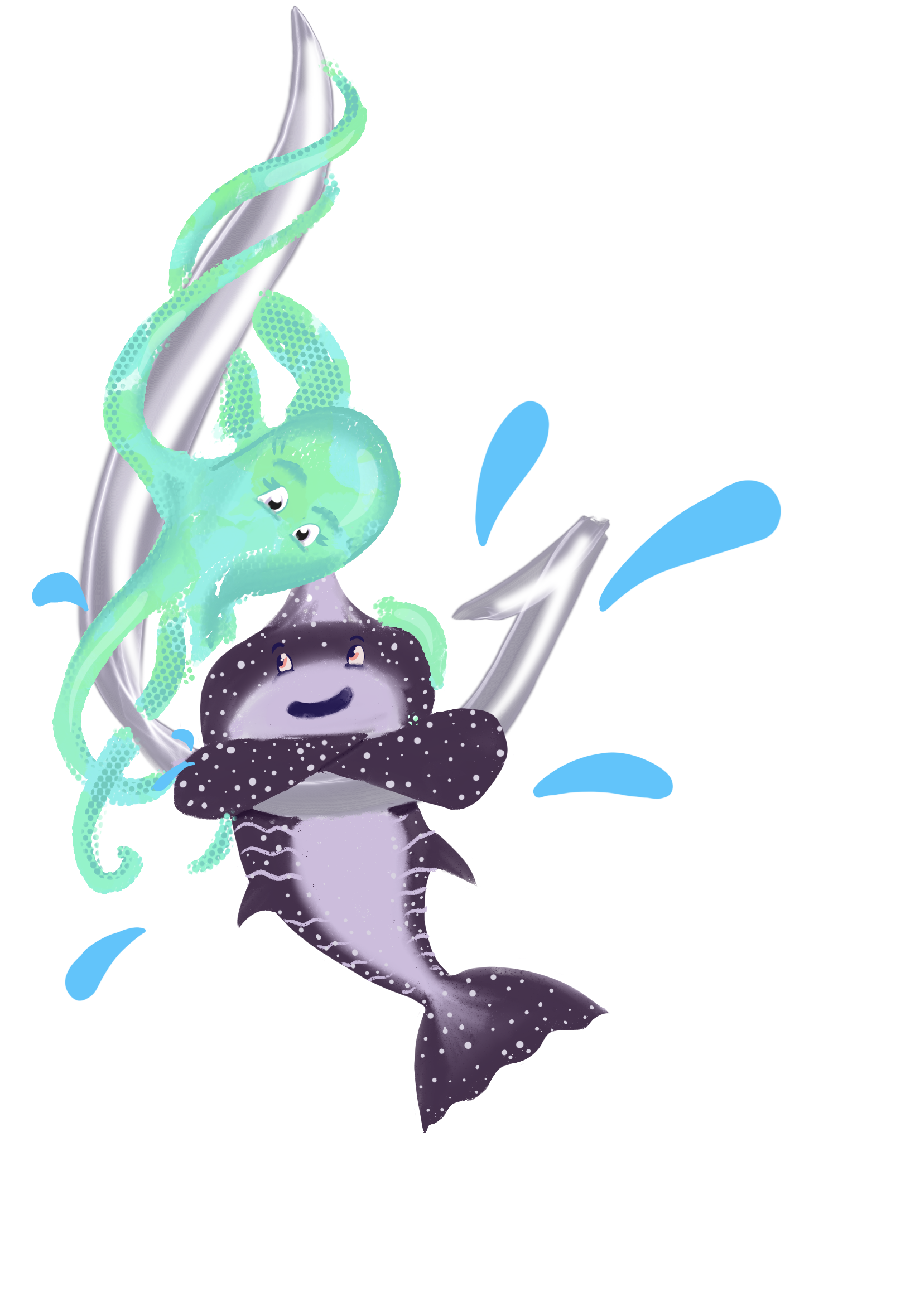 Shark and octopus happily hanging on fishing hook